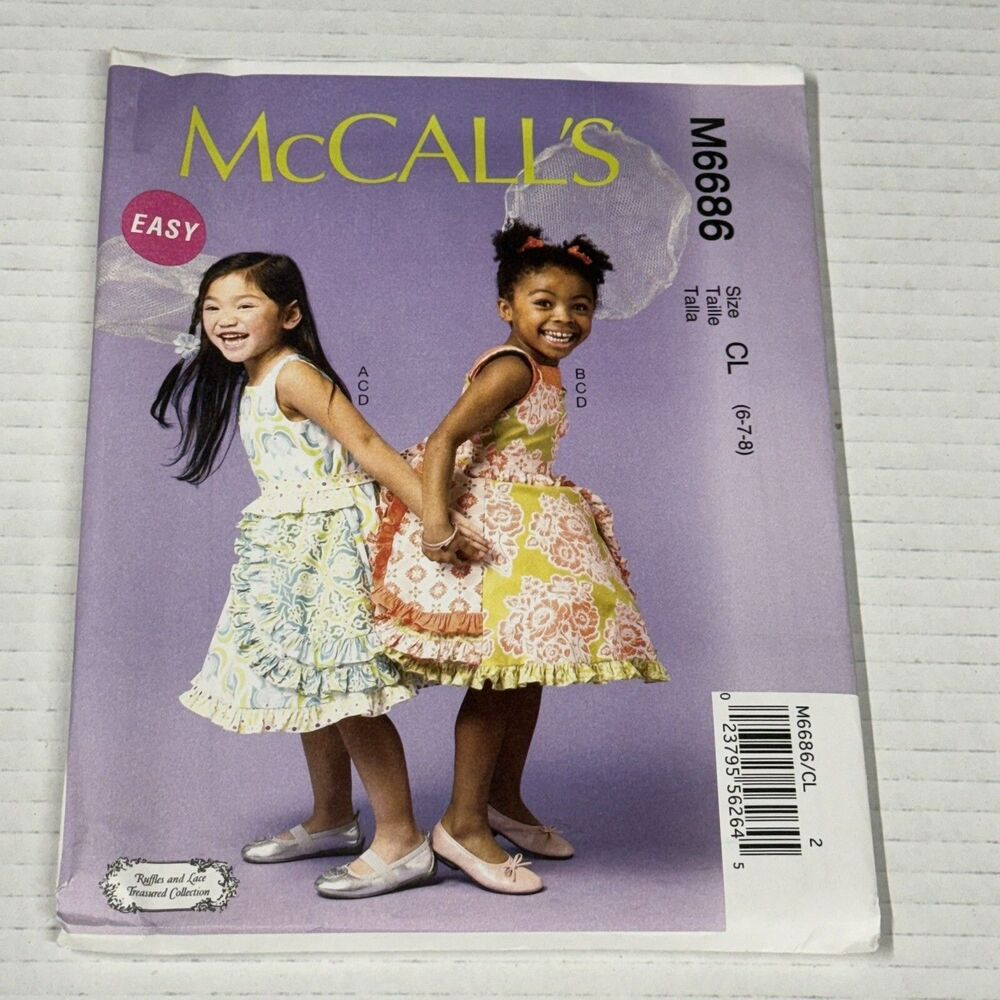 McCalls Pattern 6686 Easy Childs Dress, Belt, Petticoat Size 6 7 8 Uncut